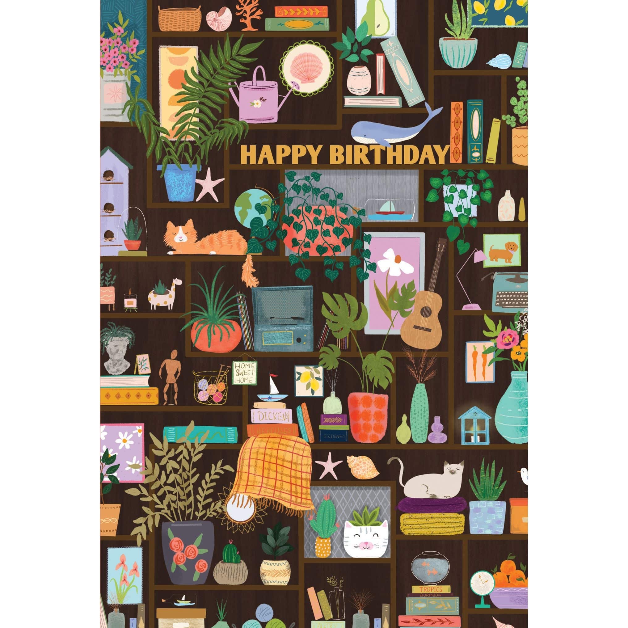 Decorated Shelves birthday card from Pictura featuring colorful illustrated shelves with birthday gifts and decorations.